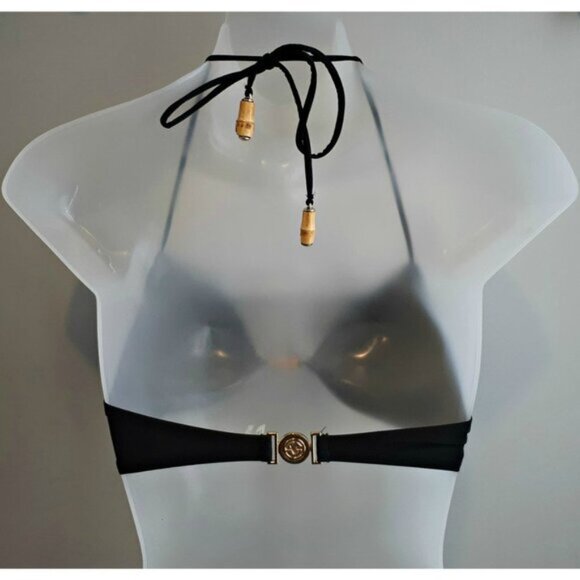 Victorias Secret Halter Bikini Top Swim Bra Black Gold Wood Beaded Size 34B - Picture 4 of 9